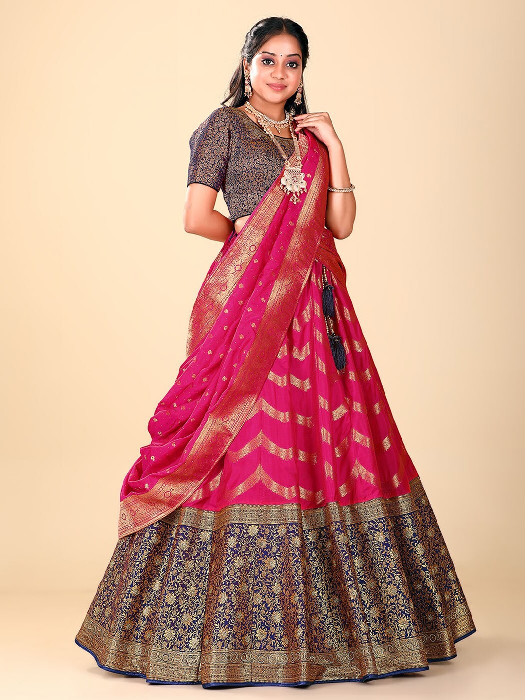 

HALFSAREE STUDIO Semi-Stitched Lehenga & Unstitched Blouse With Dupatta, Pink