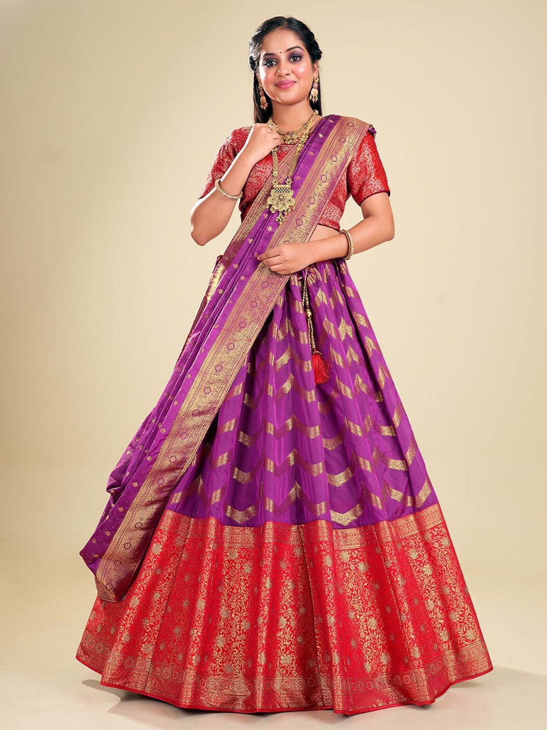 

HALFSAREE STUDIO Semi-Stitched Lehenga & Unstitched Blouse With Dupatta, Burgundy