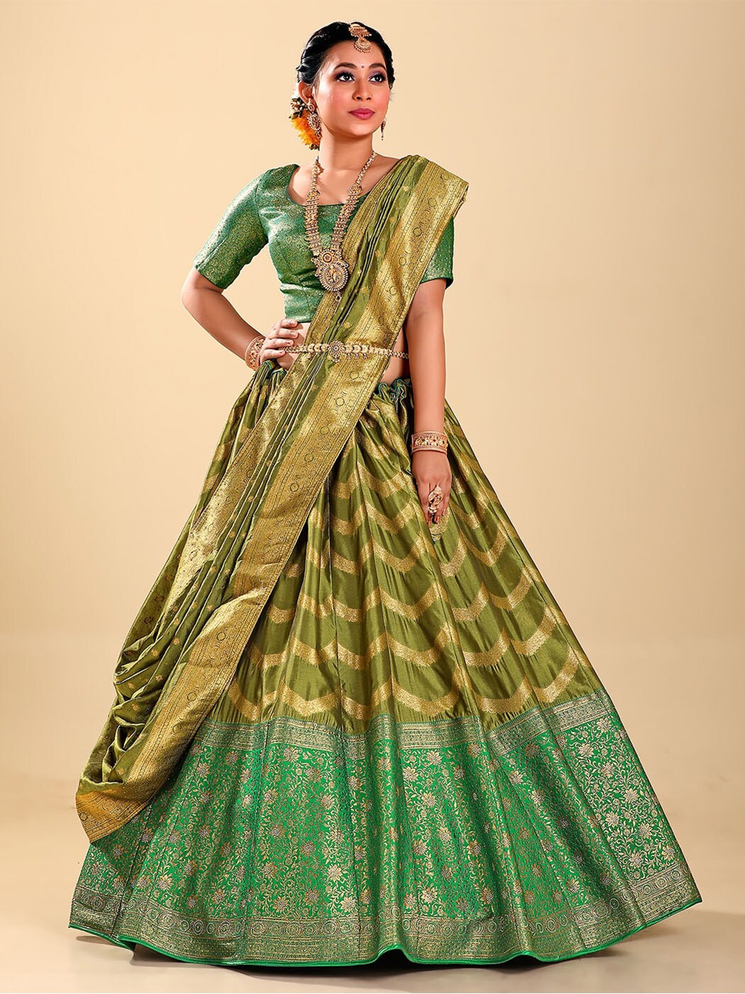 

HALFSAREE STUDIO Semi-Stitched Lehenga & Unstitched Blouse With Dupatta, Olive
