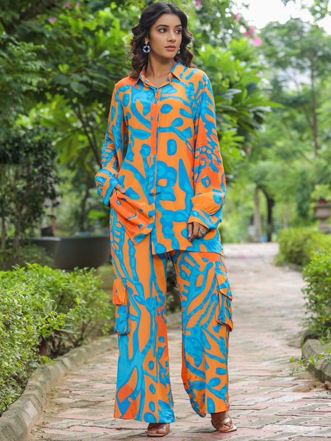 

KAJREE Abstract Printed Shirt Collar Shirt With Palazzos, Orange