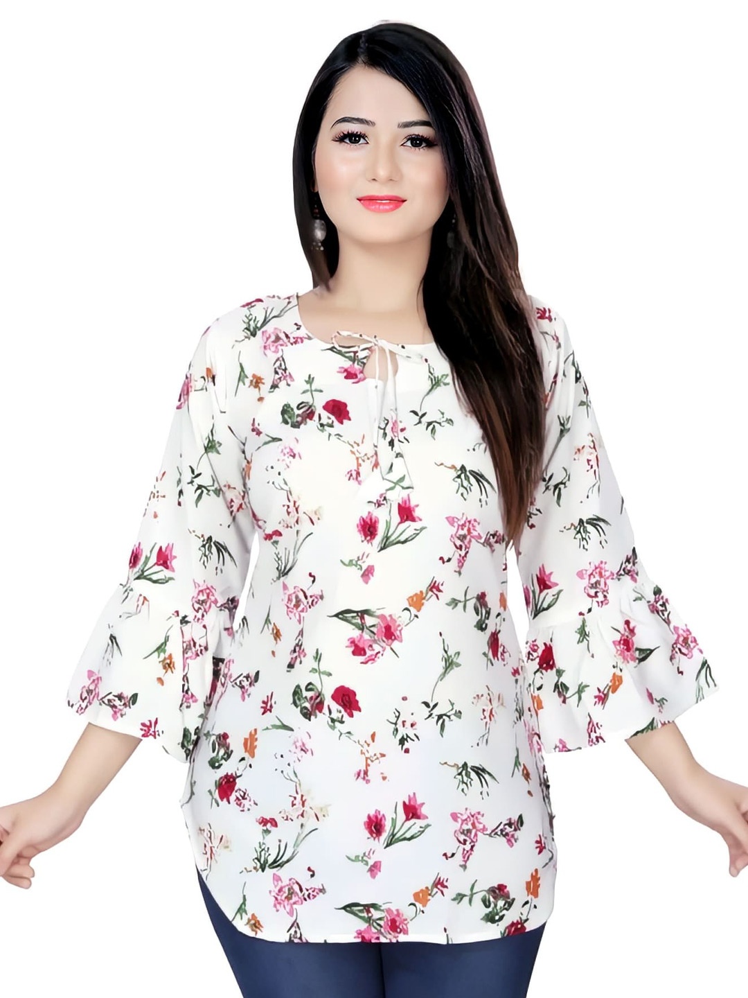 

ZELZIS Floral Printed Bell Sleeves Gathered Tunic, Off white