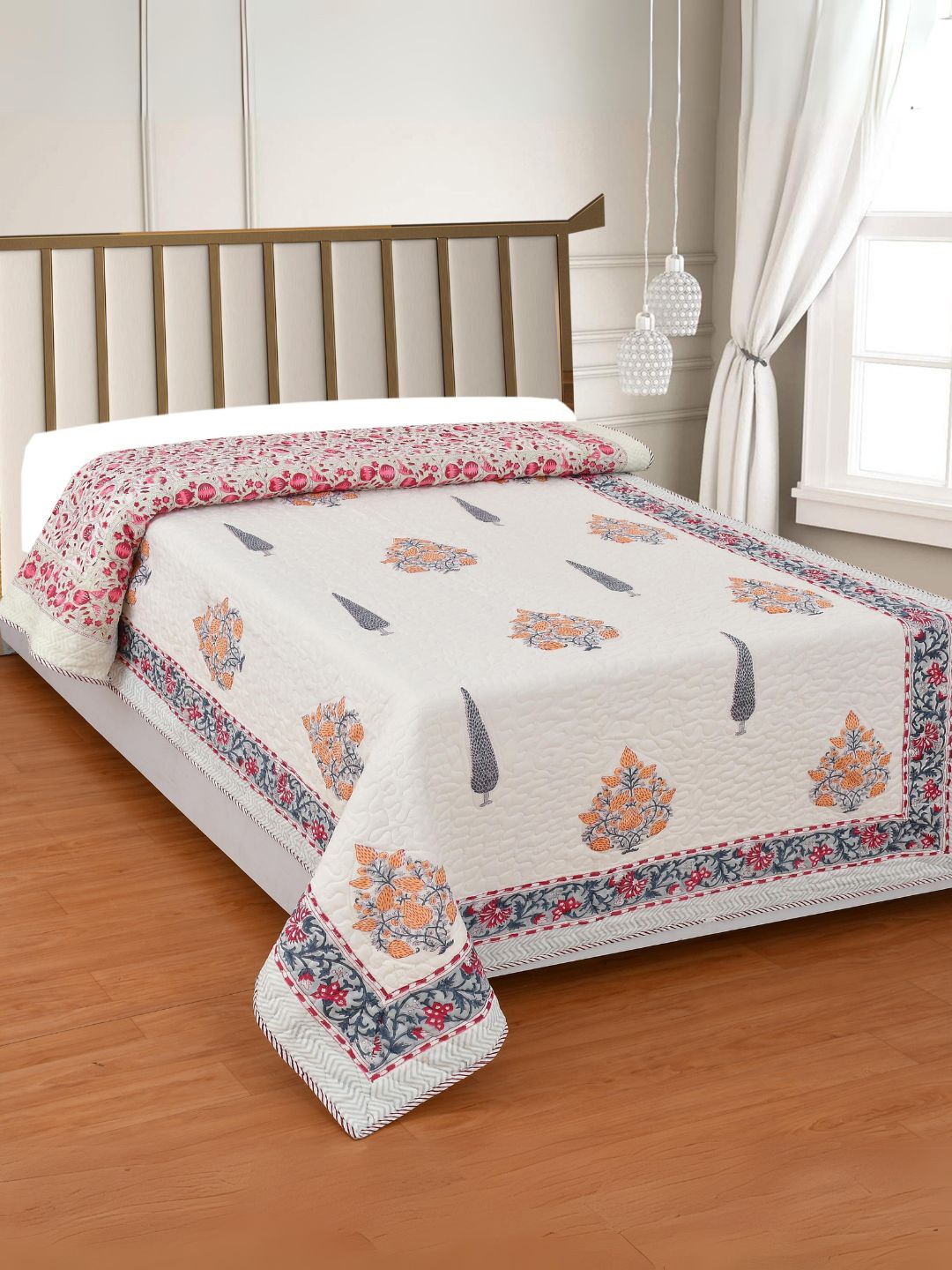 

CLIO'S HERITAGE STORE White & Orange Ethnic Motifs AC Room 354 GSM Single Bed Quilt