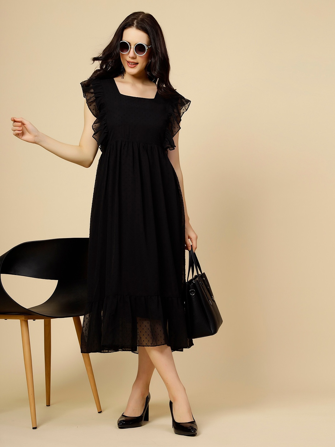 

MISS AYSE Self Design Ruffles A-line Midi Dress, Black