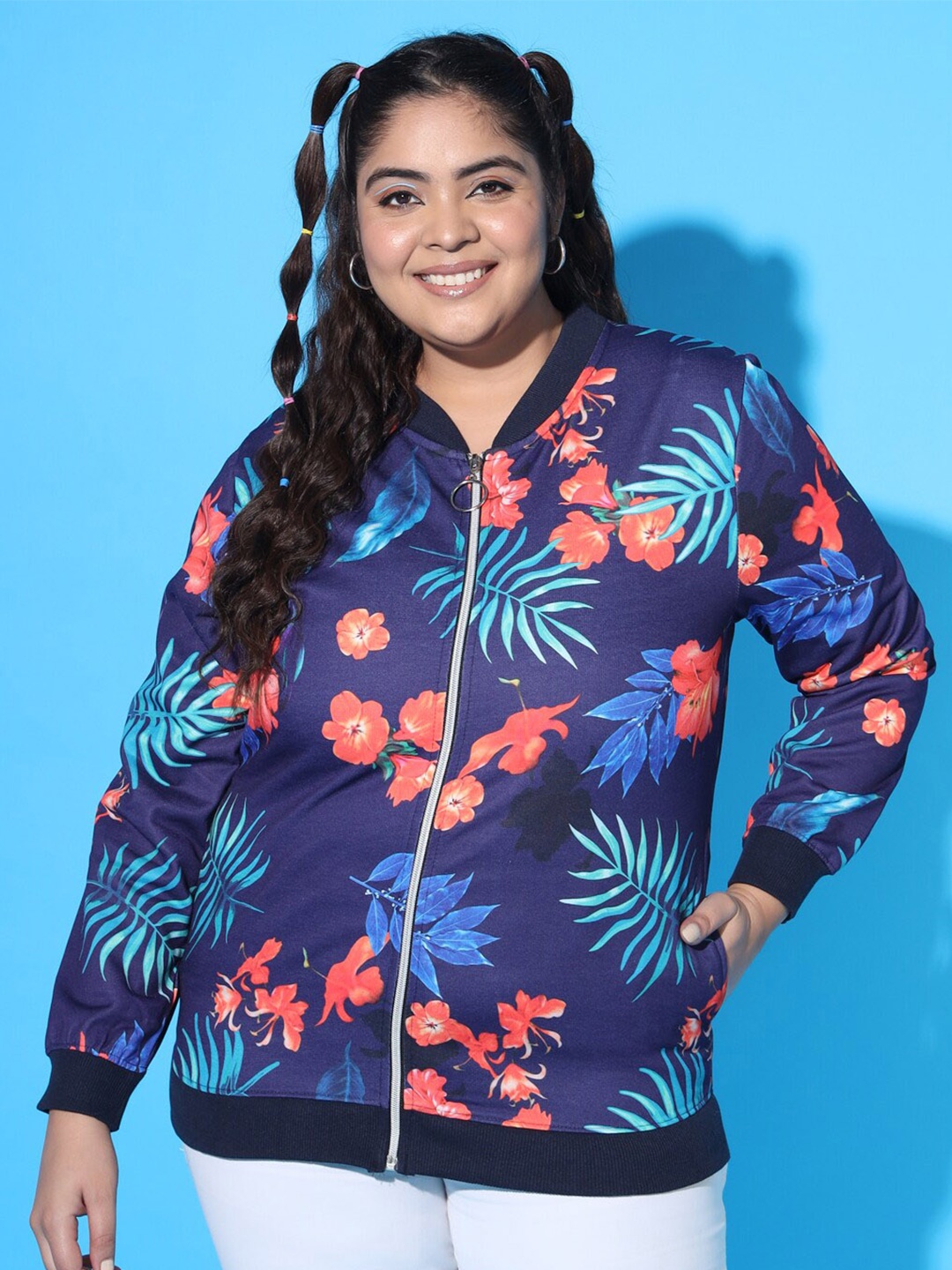 

AUSTIVO Floral Printed Mandarin Collar Front-Open Sweatshirt, Blue
