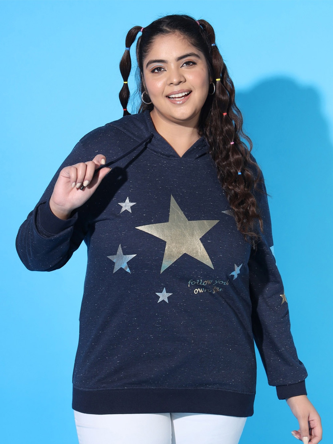 

AUSTIVO Plus Size Geometric Printed Hooded Fleece Sweatshirt, Navy blue