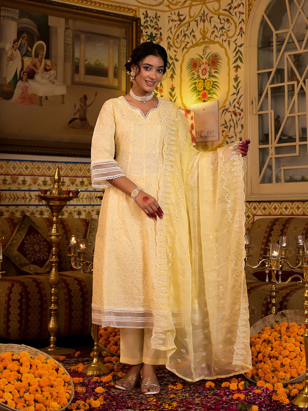 

Yufta Ethnic Motifs Embroidered Sequinned Cotton Anarkali Kurta With Trousers & Dupatta, Yellow