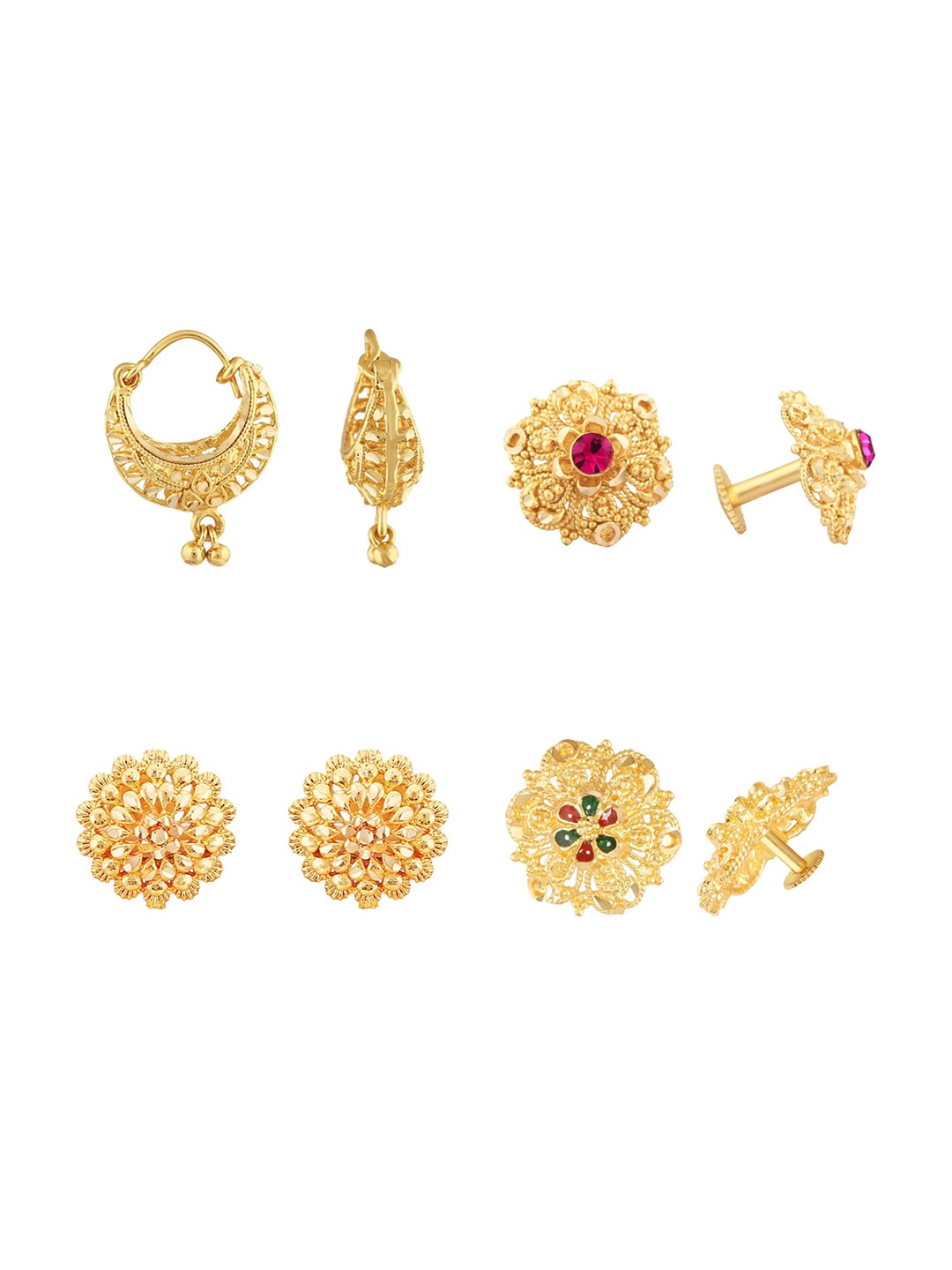Vighnaharta Set Of 4 Gold-Plated Floral Hoop Earrings