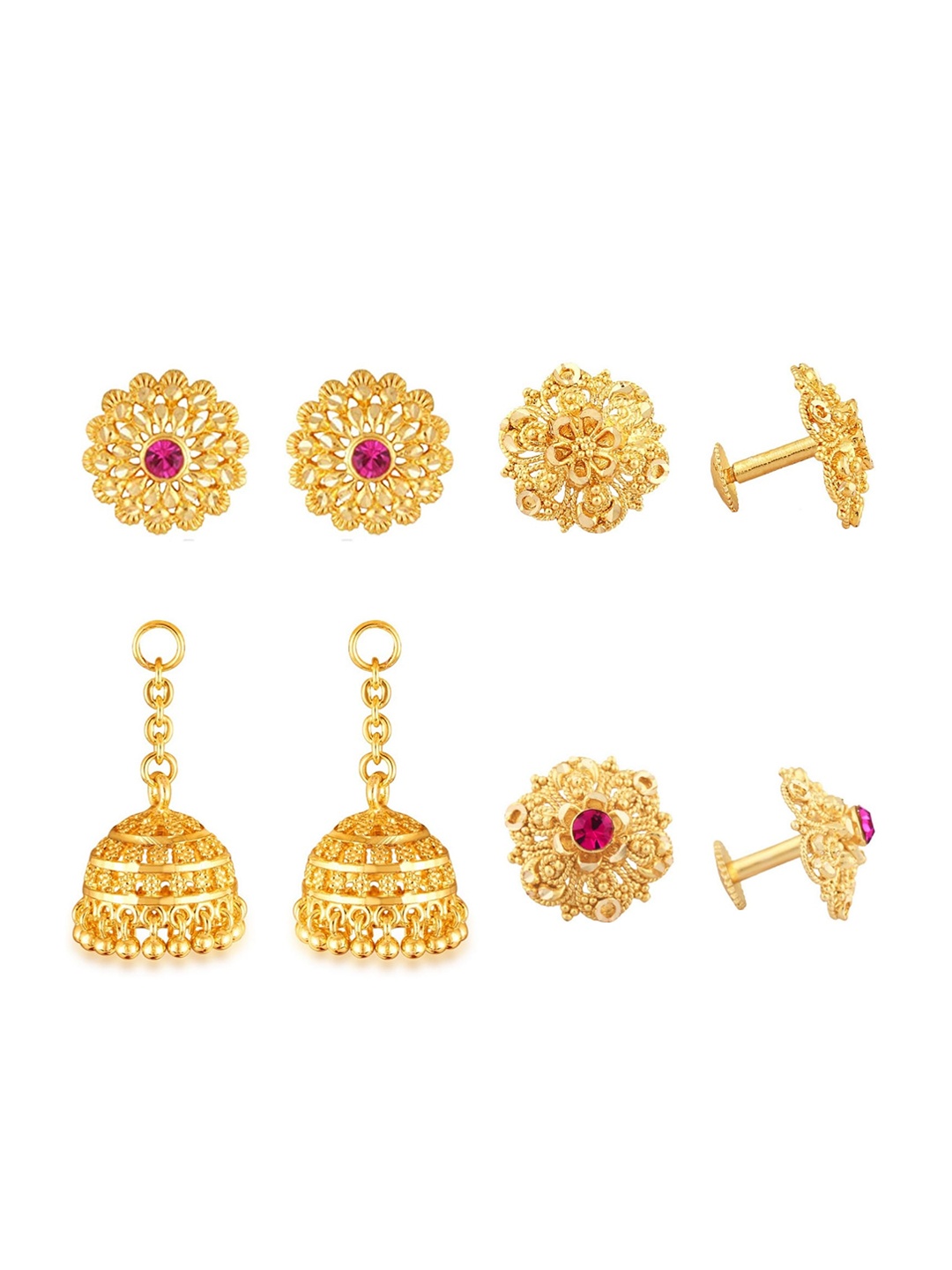 

Vighnaharta Set Of 3 Gold-Plated Floral Earrings With Removable Jhumkas