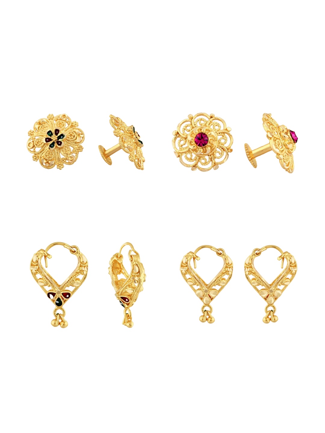 Vighnaharta Set Of 4 Gold-Plated Floral Studs Earrings