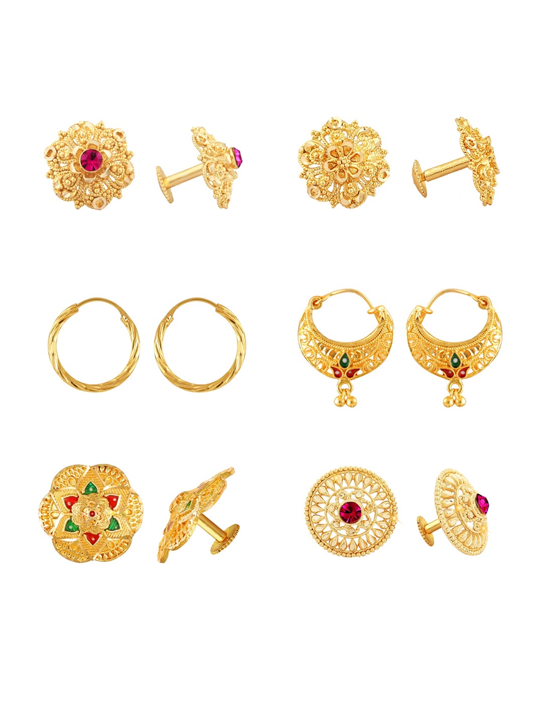 Vighnaharta Set Of 6 Gold-Plated Floral Studs Earrings