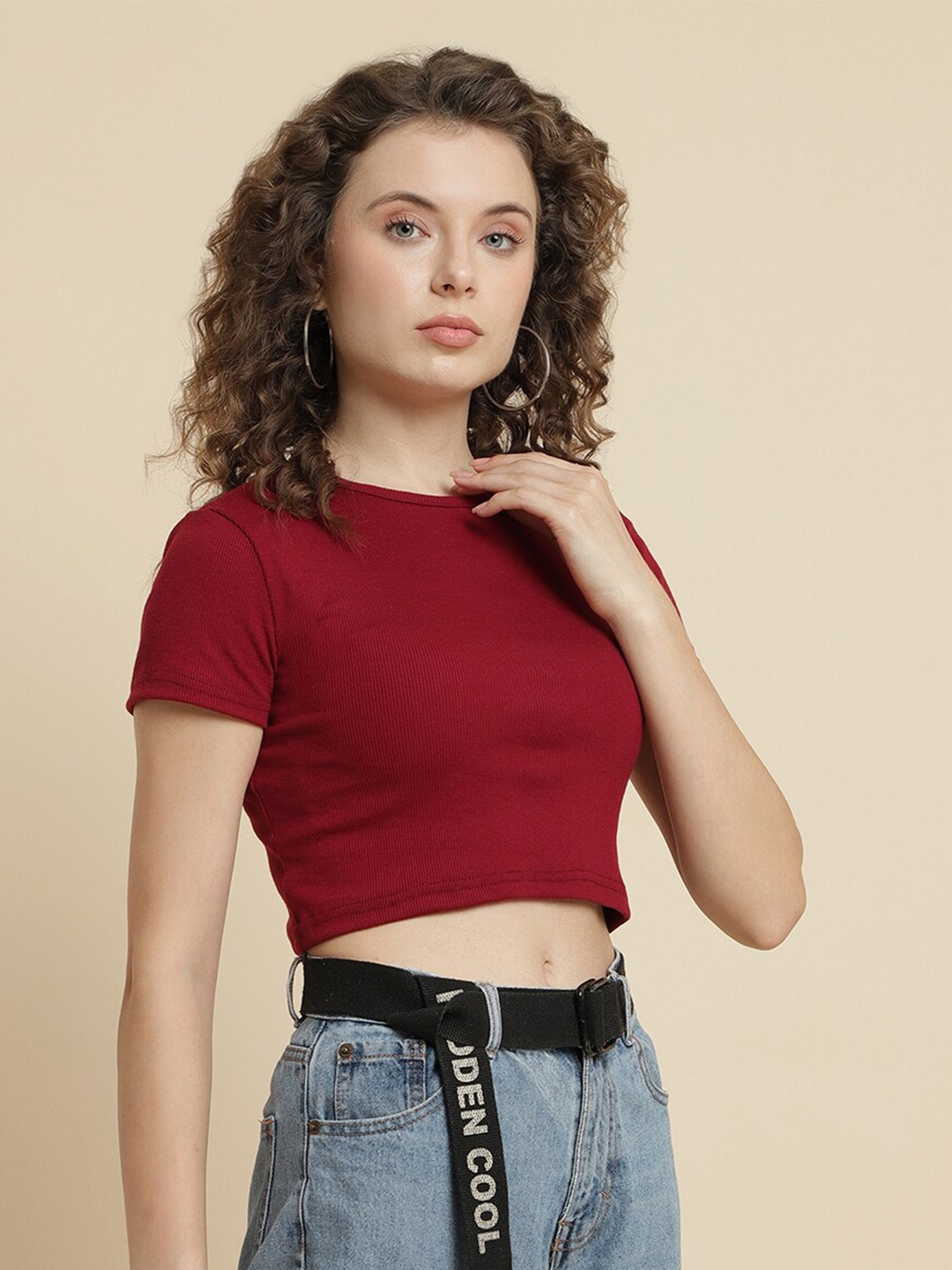 

UnaOne Ribbed Cotton Fitted Crop Top, Maroon