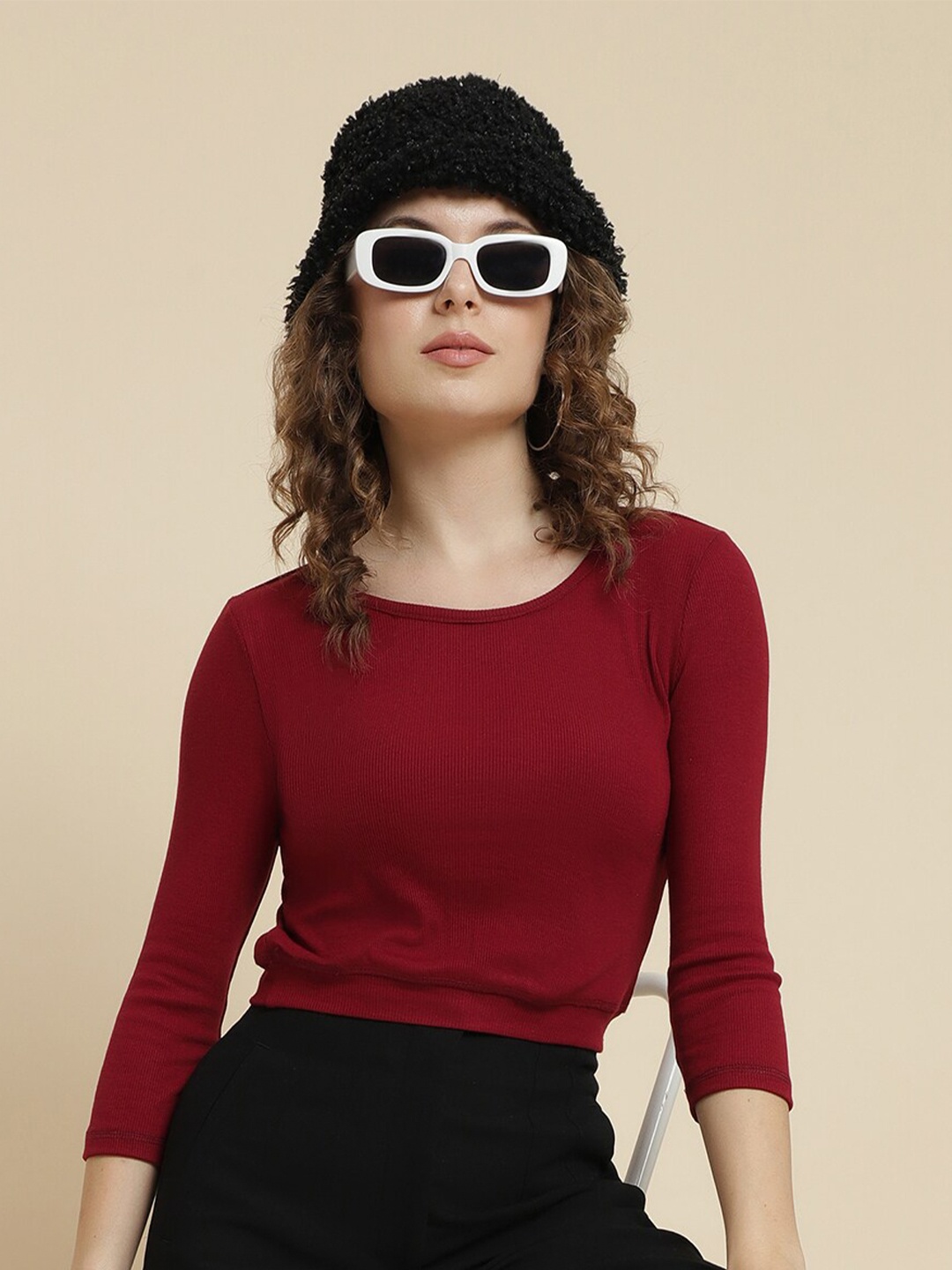 

UnaOne Ribbed Cotton Fitted Crop Top, Maroon