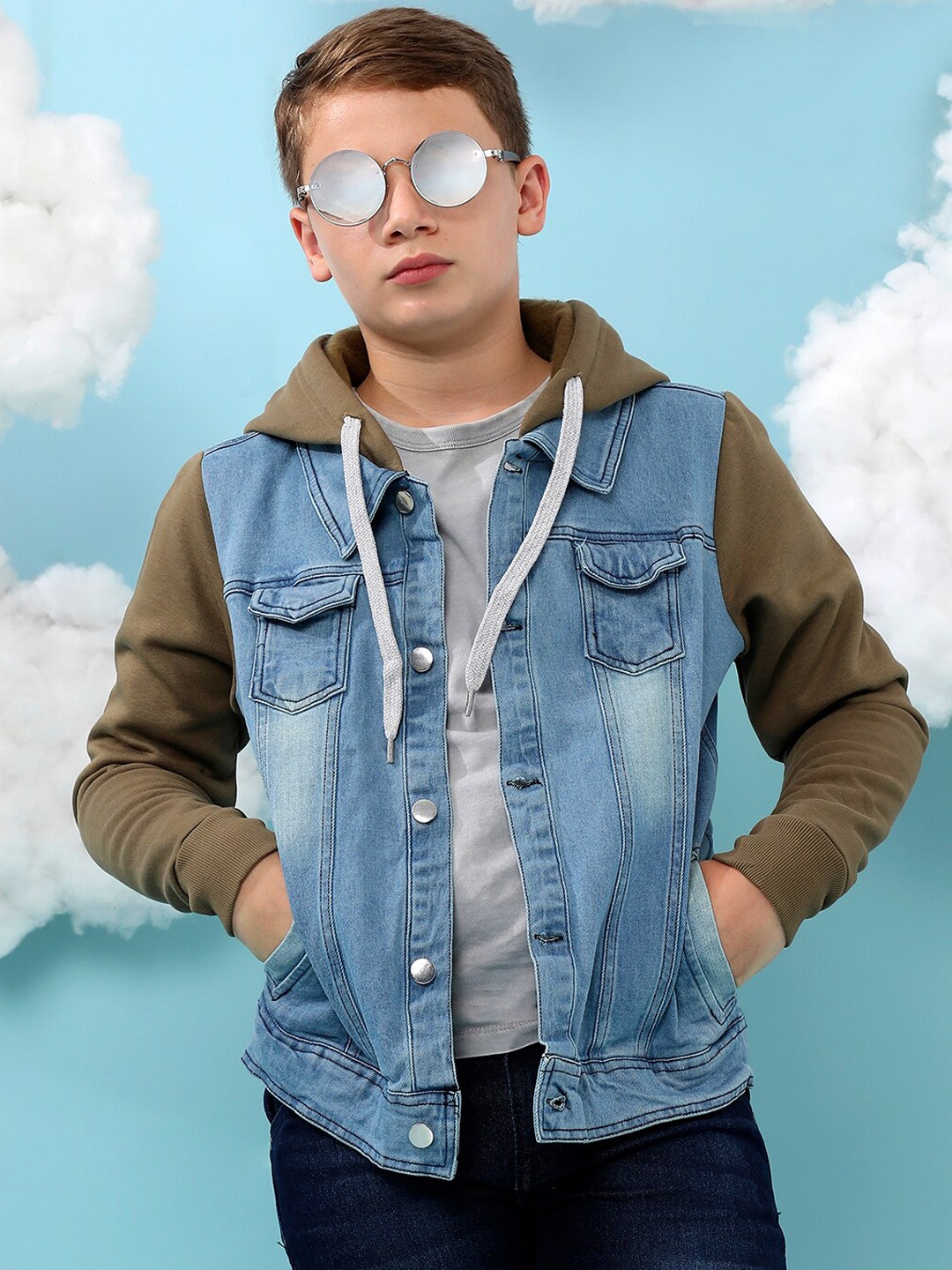 

Instafab Boys Colourblocked Windcheater Cotton Denim Jacket, Blue