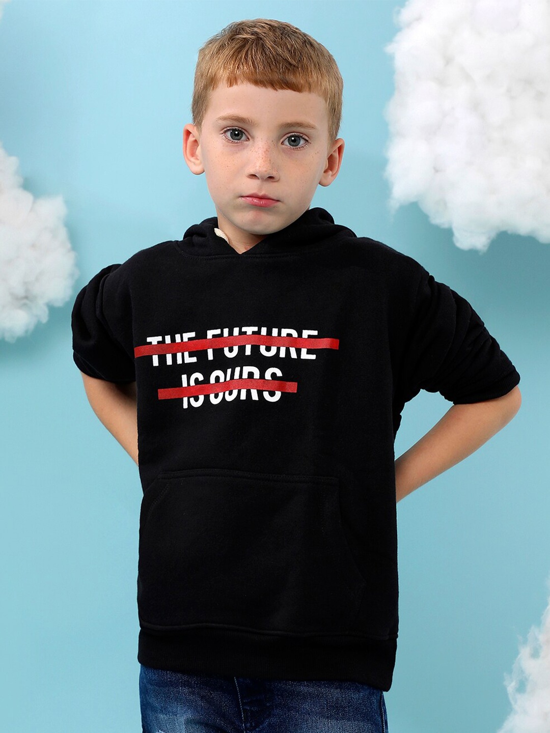 

Instafab Boys Typography Printed Hooded Cotton Pullover, Black