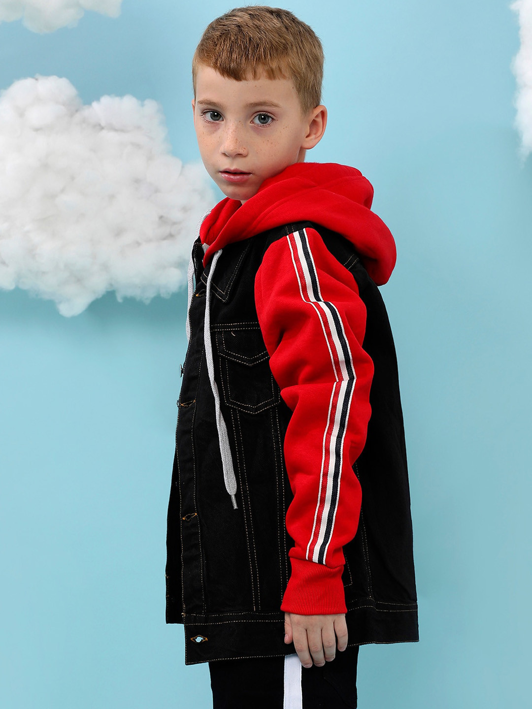 

Instafab Boys Colourblocked Windcheater Cotton Longline Denim Jacket, Black