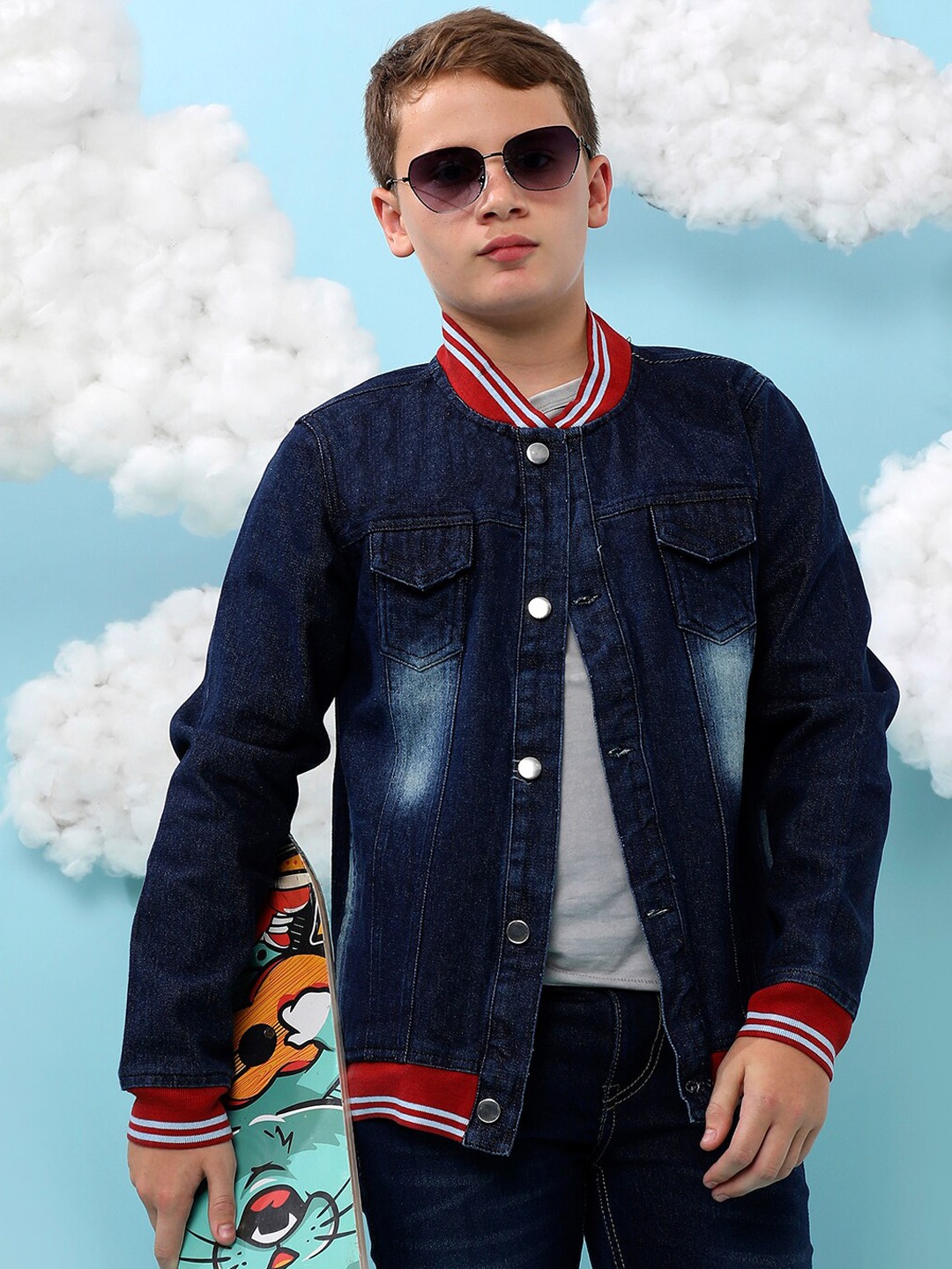 

Instafab Boys Cotton Mandarin Collar Windcheater Denim Jacket, Navy blue