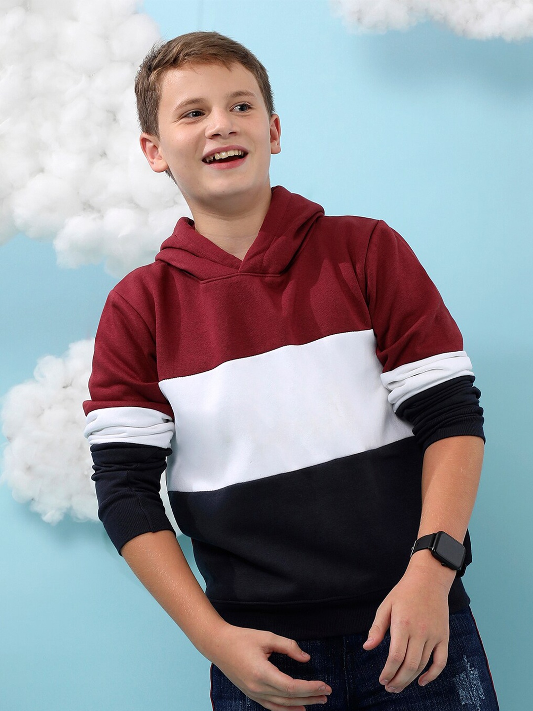 

Instafab Boys Colourblocked Hooded Cotton Pullover, Maroon