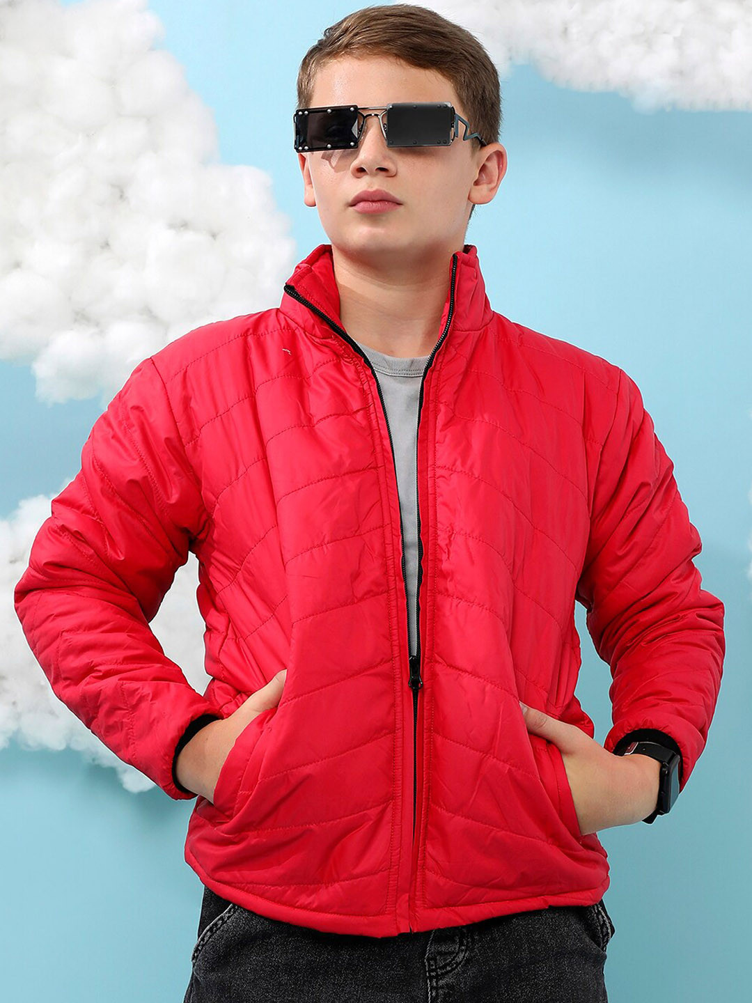 

Instafab Boys Mock Collar Windcheater Quilted Jacket, Red