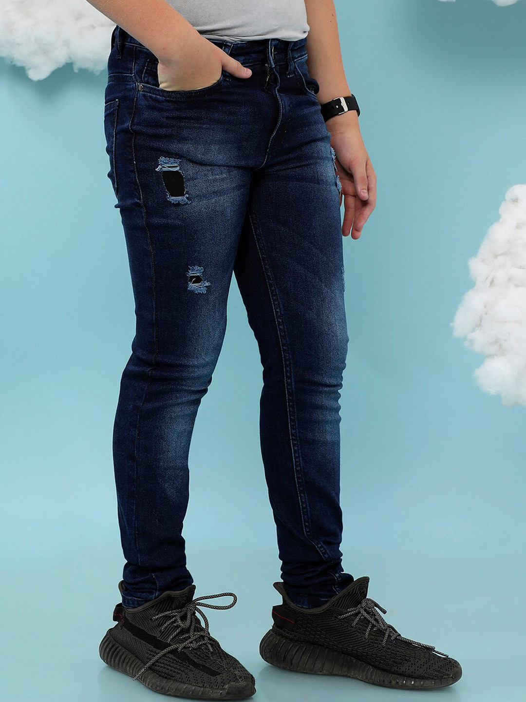 

Instafab Boys Smart Slim Fit Highly Distressed Ripped Patch Heavy Fade Denim Cotton Jeans, Navy blue