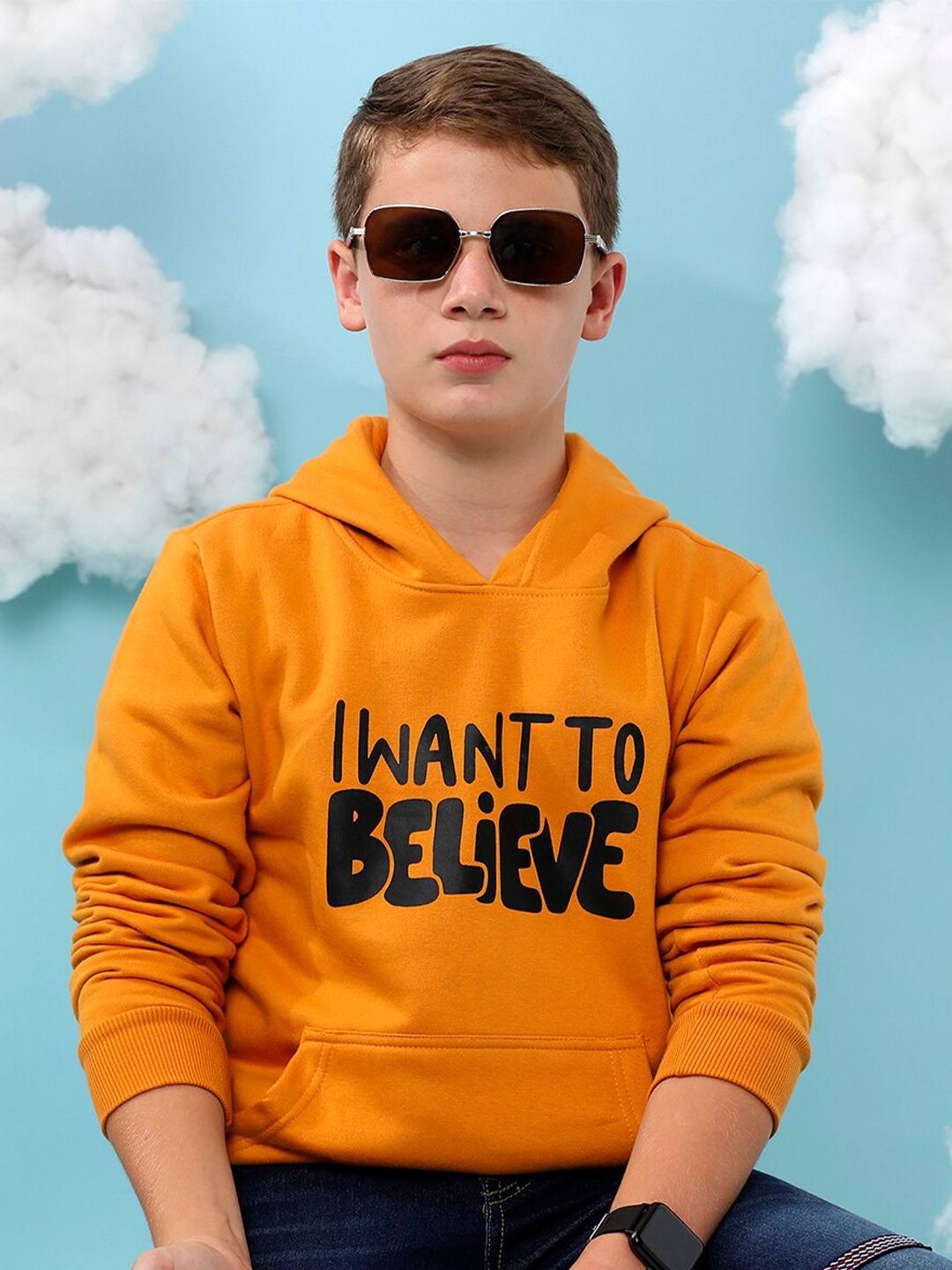 Instafab Boys Typography Printed Hooded Cotton Sweatshirt, Mustard