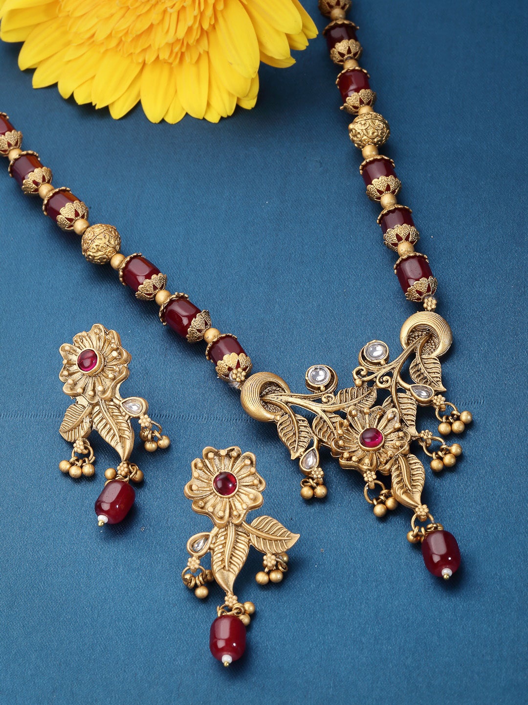 

ADIVA Gold-Plated Stone Studded Beaded Jewellery Set