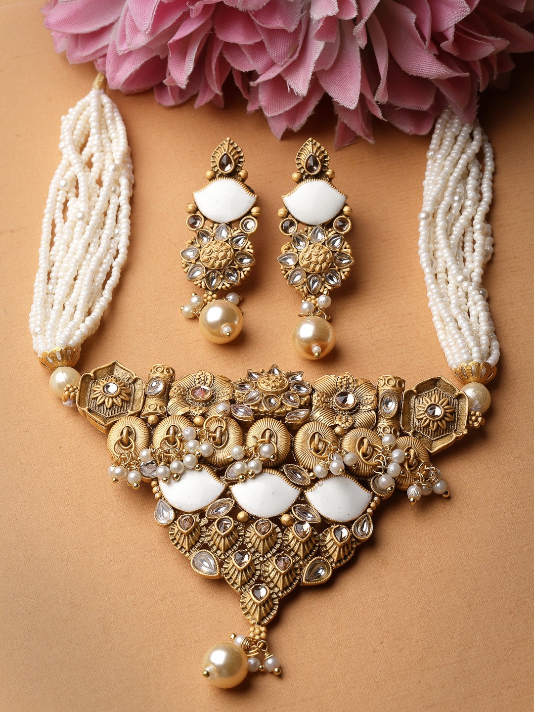 

ADIVA Gold Plated Kundan Studded & Beaded Meenakari Jewellery Set