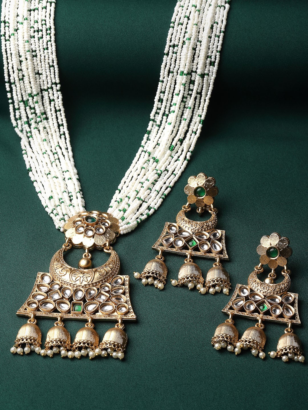 

ADIVA Gold-Plated Kudan Stone-Studded & Pearl-Beaded Necklace & Earrings