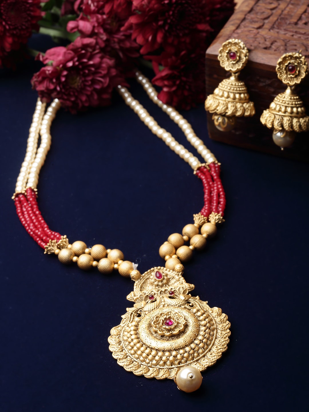 

ADIVA Gold-Plated Stones Studded & Pearls Beads Necklace & Earrings