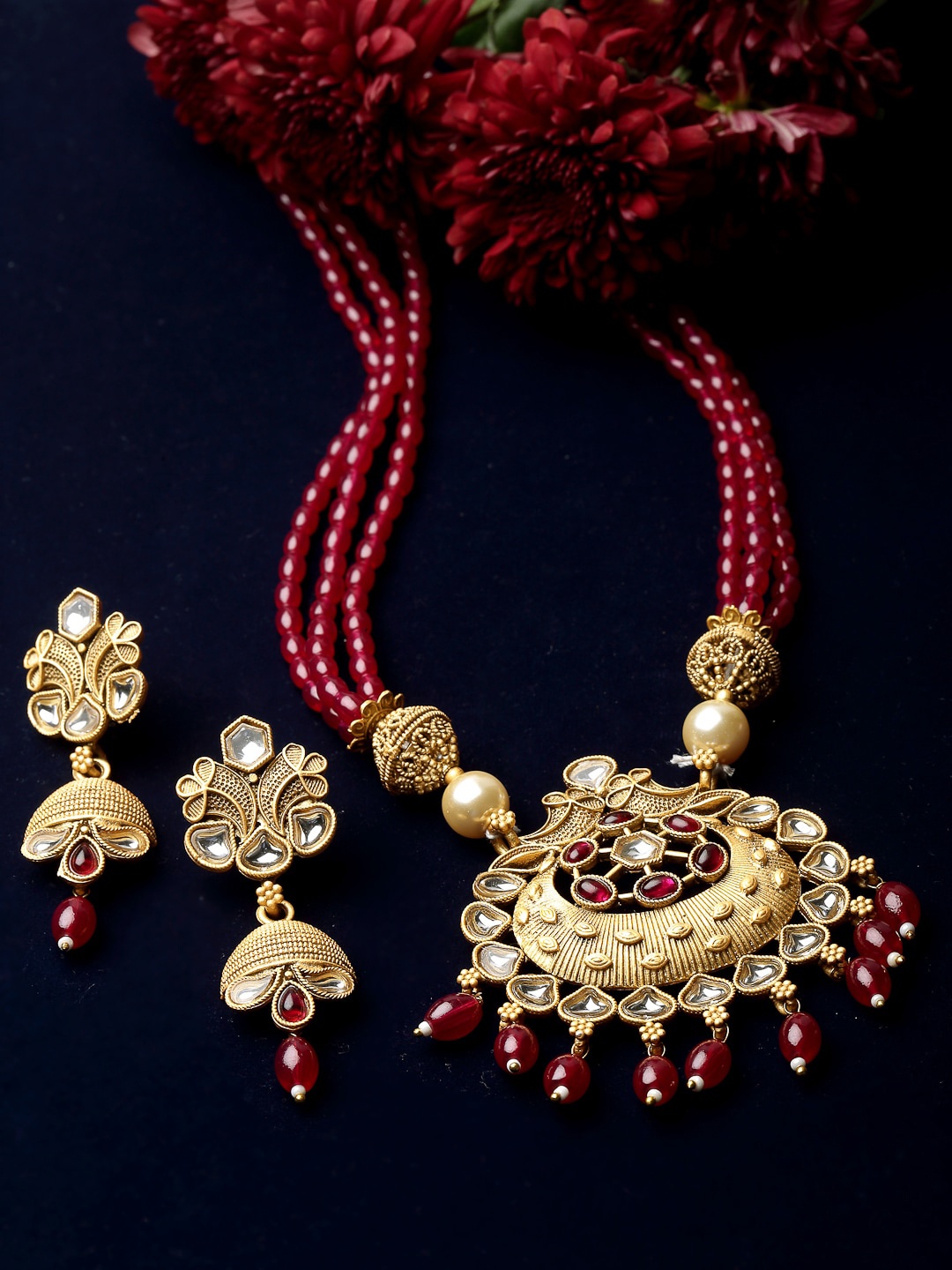 

ADIVA Gold-Plated Stone Studded & Pearls Beaded Necklace & Earrings