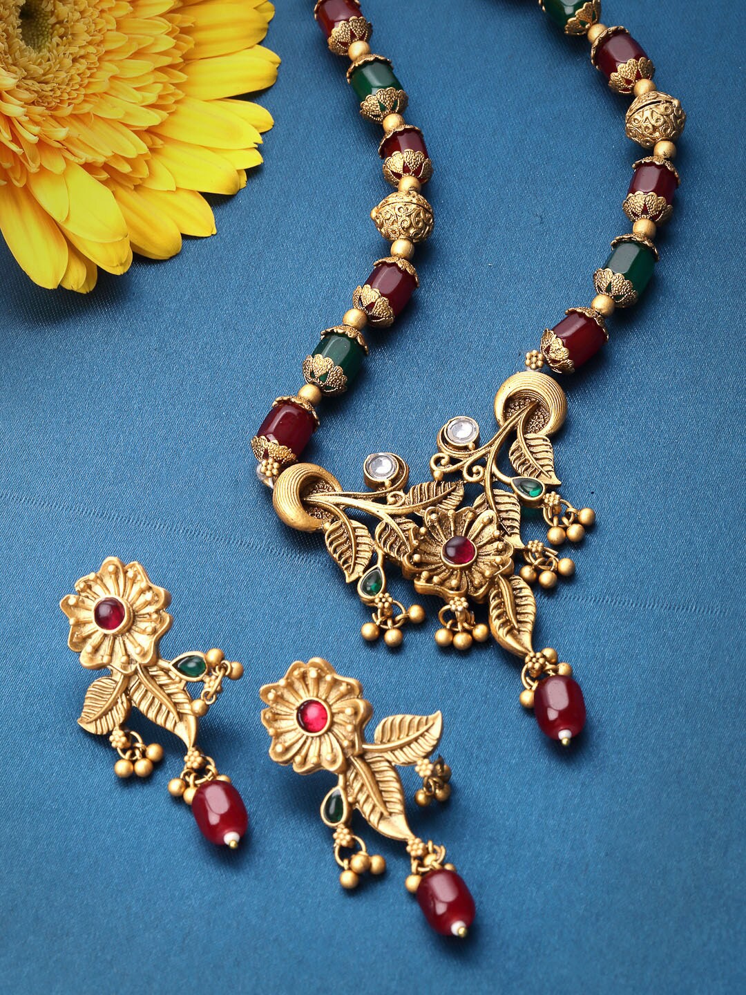 

ADIVA Gold-Plated Stone-Studded & Beaded Jewellery Set