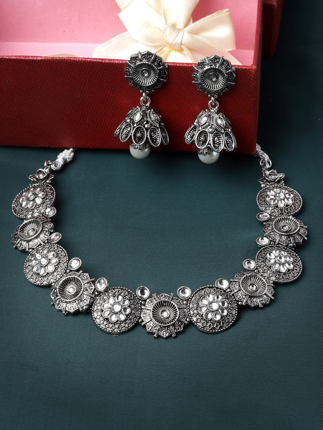 

ADIVA Silver-Plated Kundan Studded & Beaded Oxidised Jewellery Set