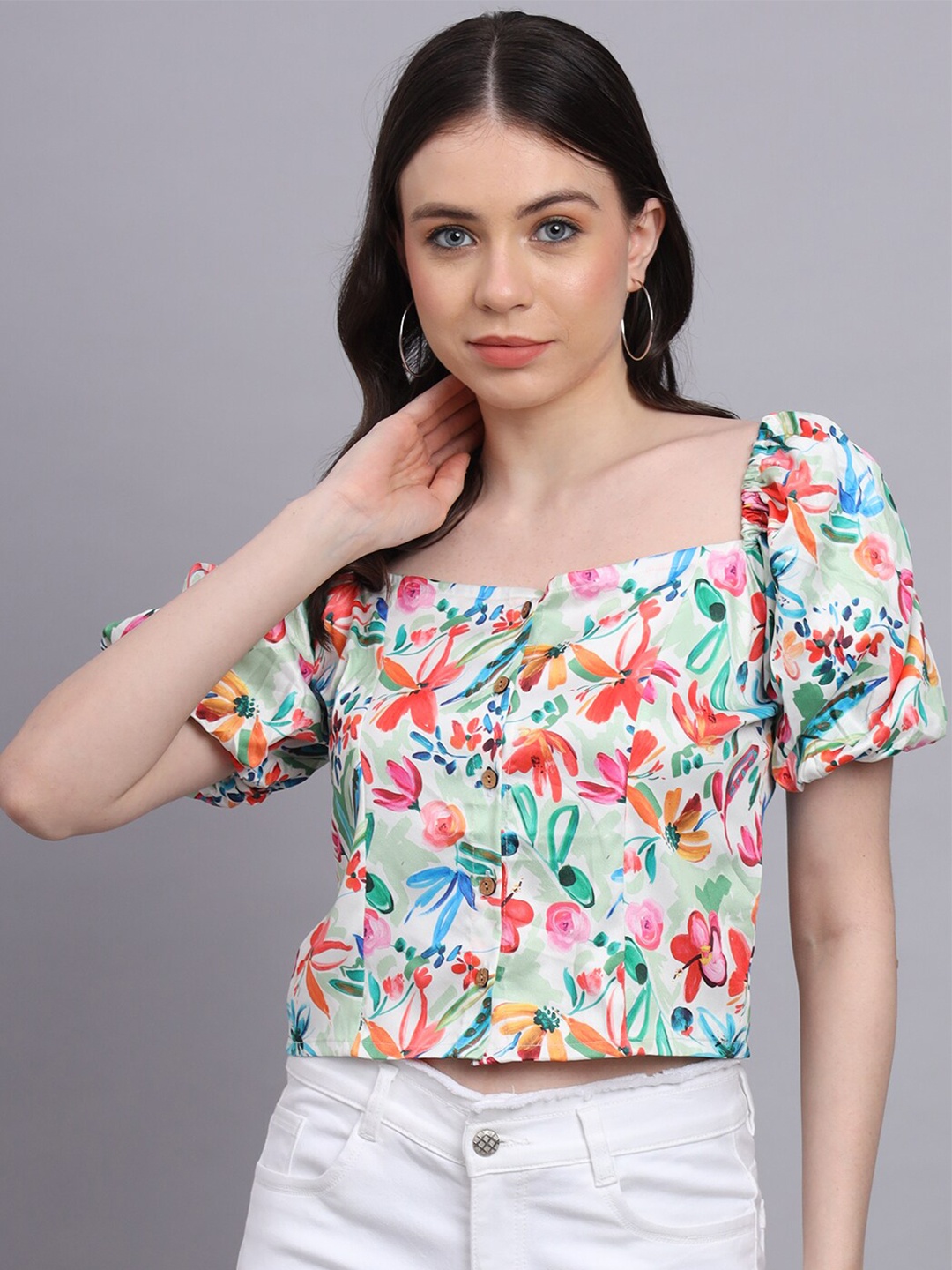 

BAESD Floral Print Puff Sleeve Satin Top, Green