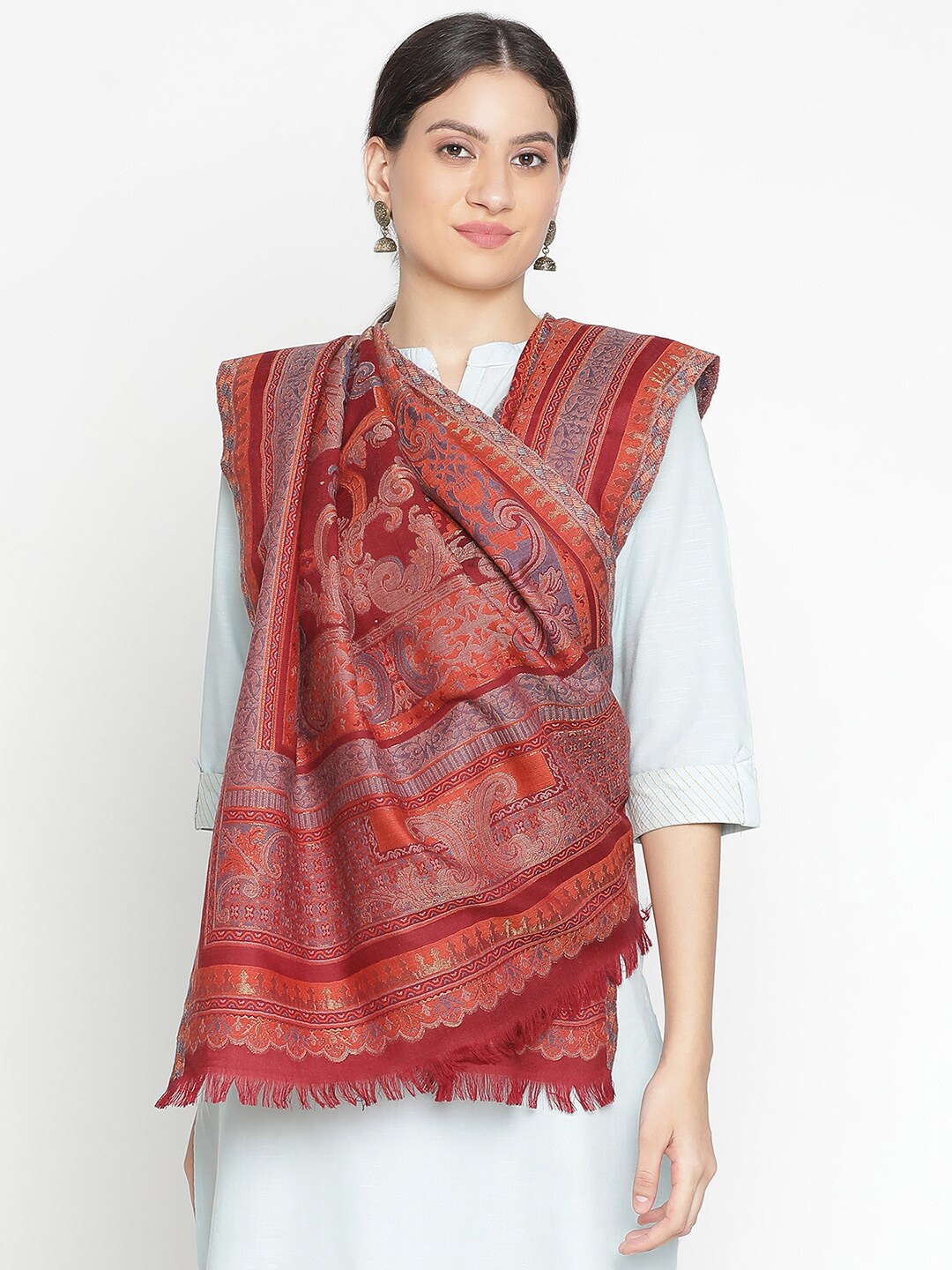 

SHINGORA Ethnic Motifs Woven Design Shawl, Maroon