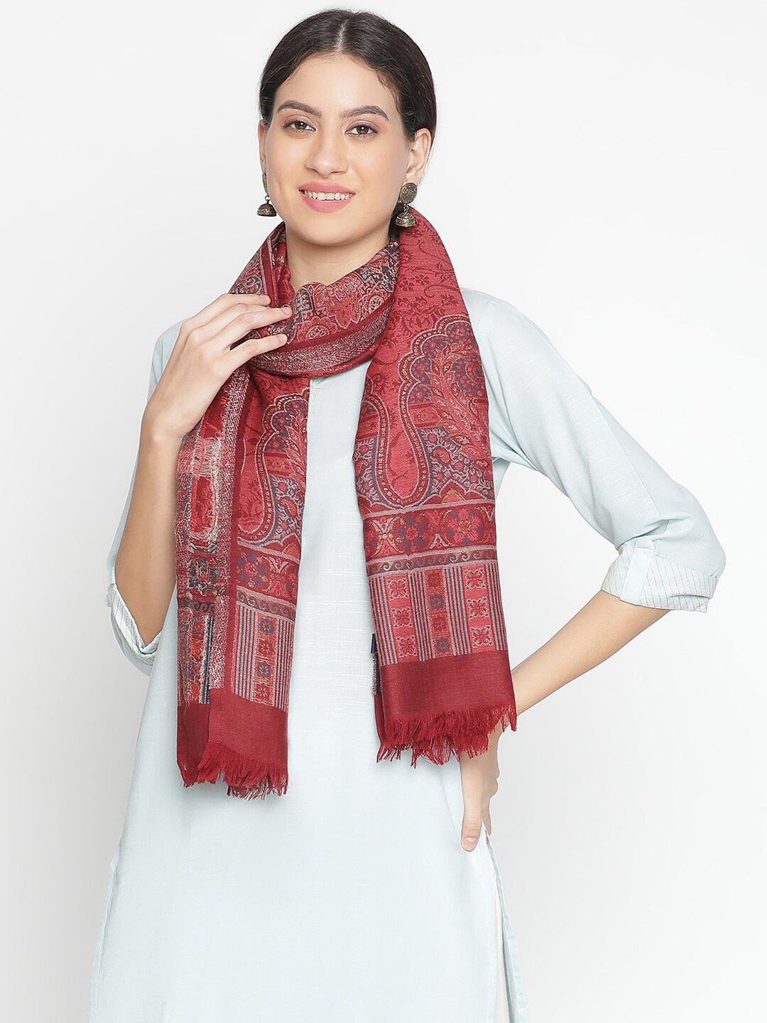 

SHINGORA Ethnic Motifs Woven Design Woolen Shawl, Maroon