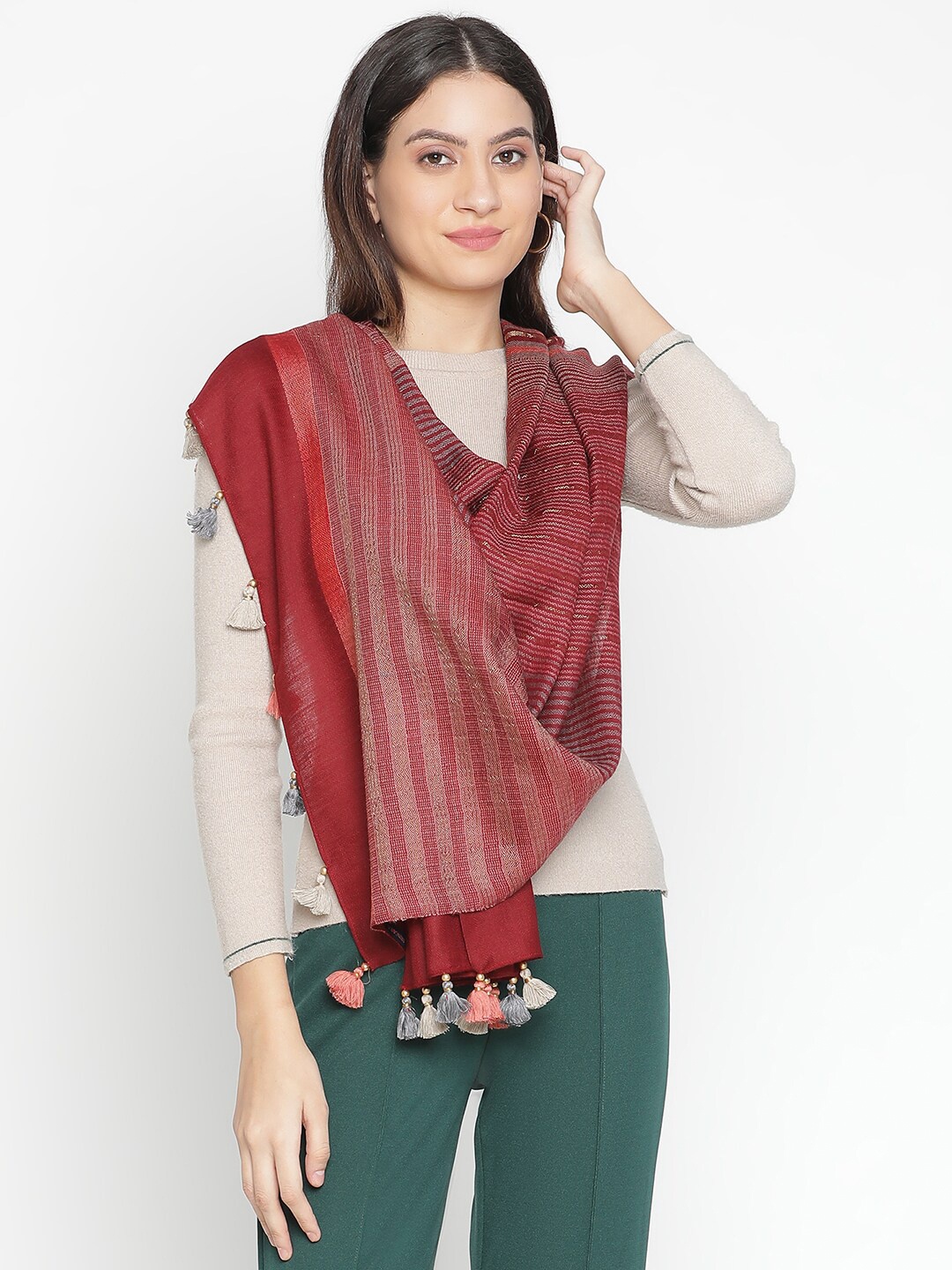 

SHINGORA Striped Woven Design Shawl, Maroon
