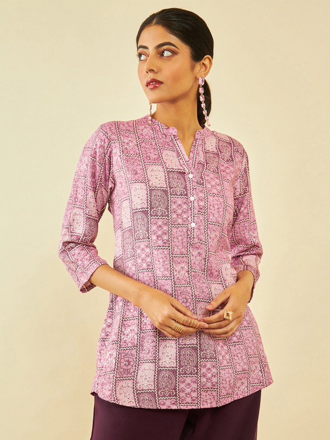 

Soch Paisley Printed Mandarin Collar Kurti, Pink