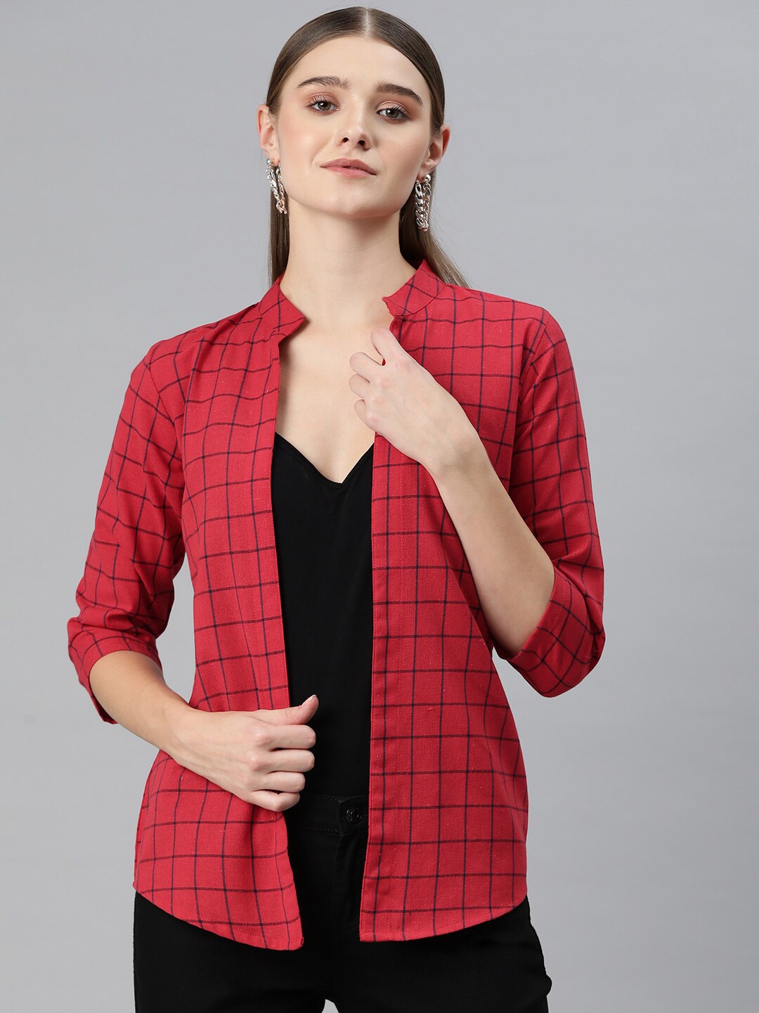 

Cottinfab Checked Front Open Cotton Shrug, Red