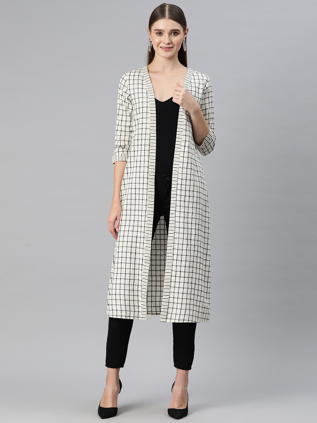 

Cottinfab Checked Longline Cotton Shrug, White