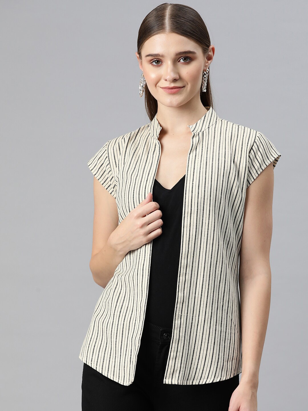 

Cottinfab Striped Mandarin Collar Cotton Open Front Shrug, Off white