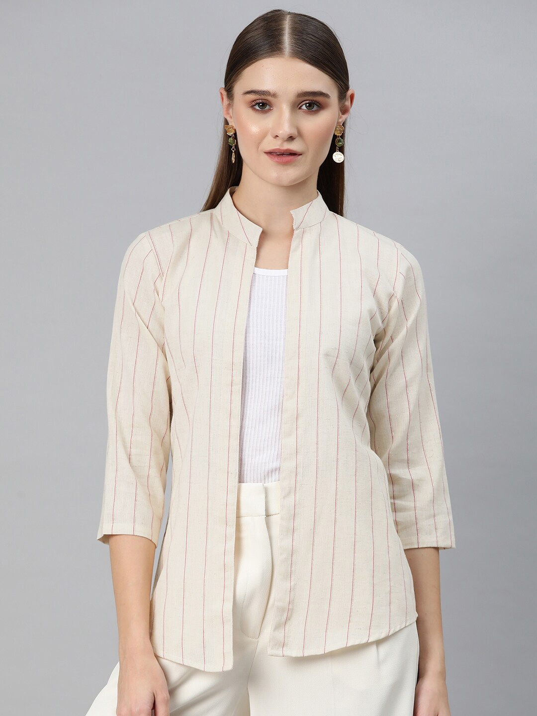 

Cottinfab Striped Mandarin Collar Cotton Open Front Shrug, Cream