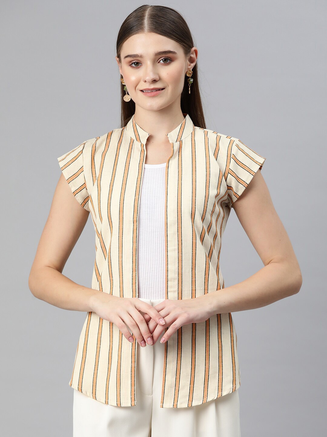 

Cottinfab Striped Mandarin Collar Cotton Open Front Shrug, Off white