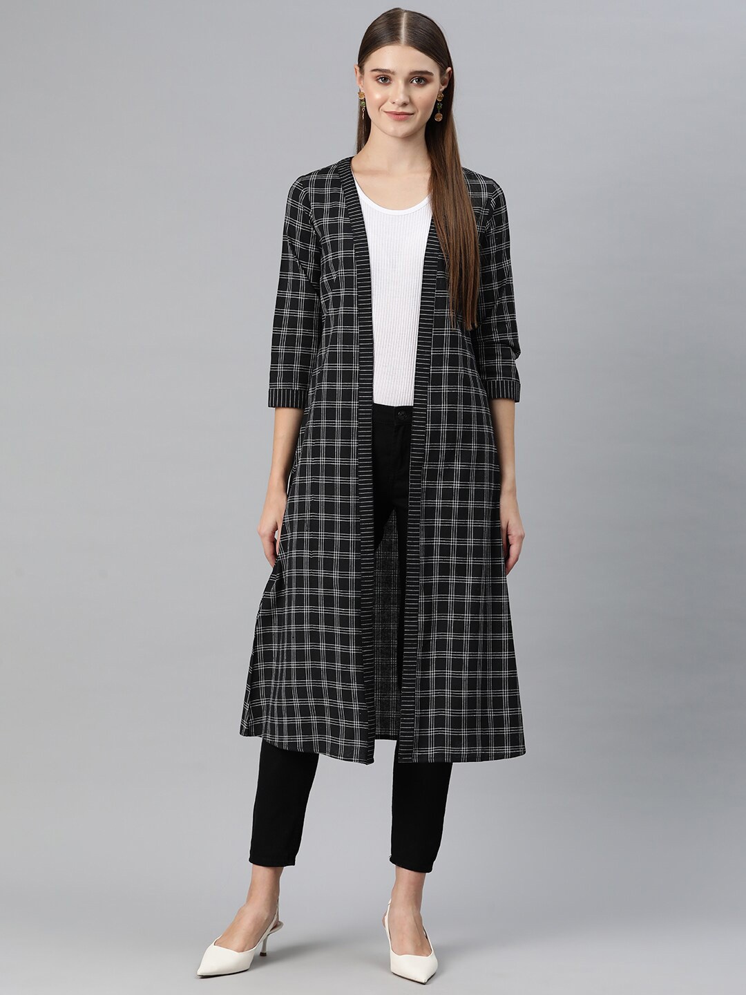 

Cottinfab Checked Monochrome Cotton Longline Shrug, Black