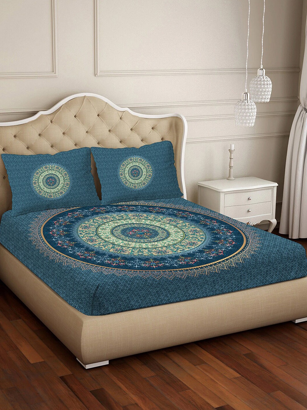 

BELLA CASA Blue & Green Ethnic Motifs Cotton 400 TC King Bedsheet With 2 Pillow Covers