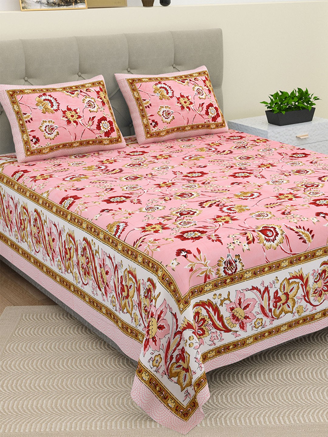

BELLA CASA Pink & Red Floral Cotton 180 TC King Bedsheet With 2 Pillow Covers