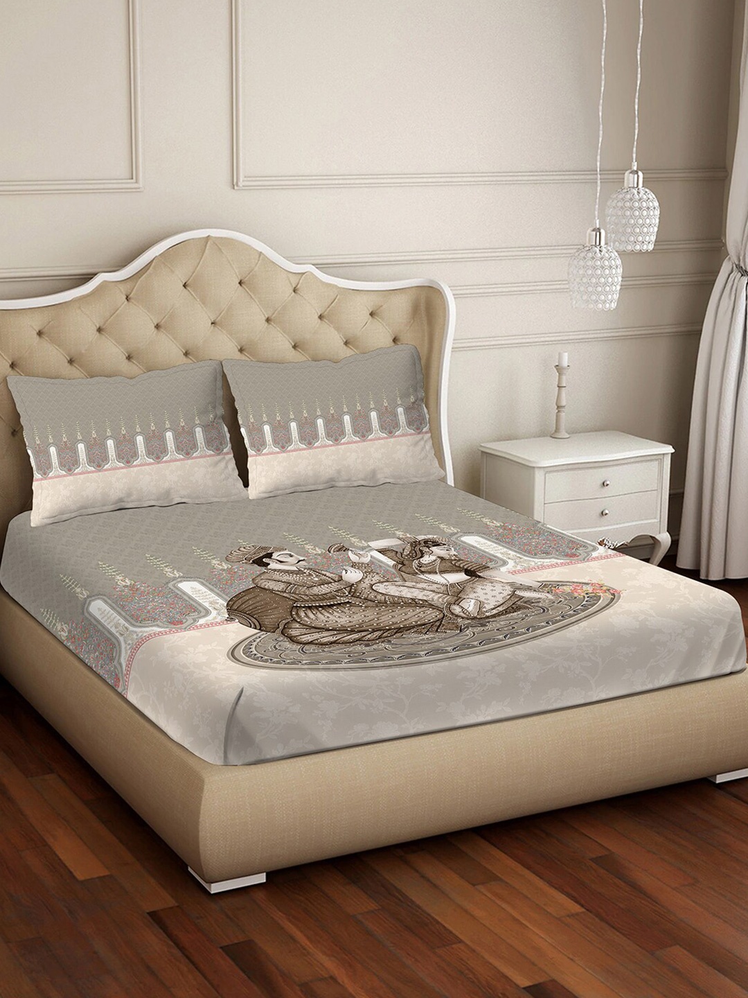 

BELLA CASA Avenue Grey & Beige Ethnic Pure Cotton 300 TC King Bedsheet & 2 Pillow Covers