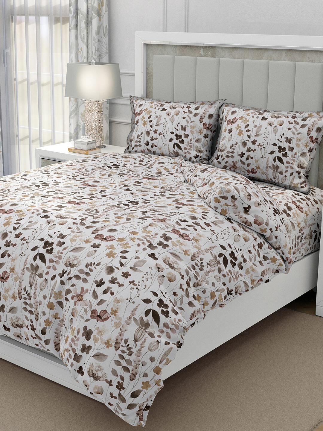 

BELLA CASA Brown & White Floral Cotton 300 TC King Bedsheet With 2 Pillow Covers