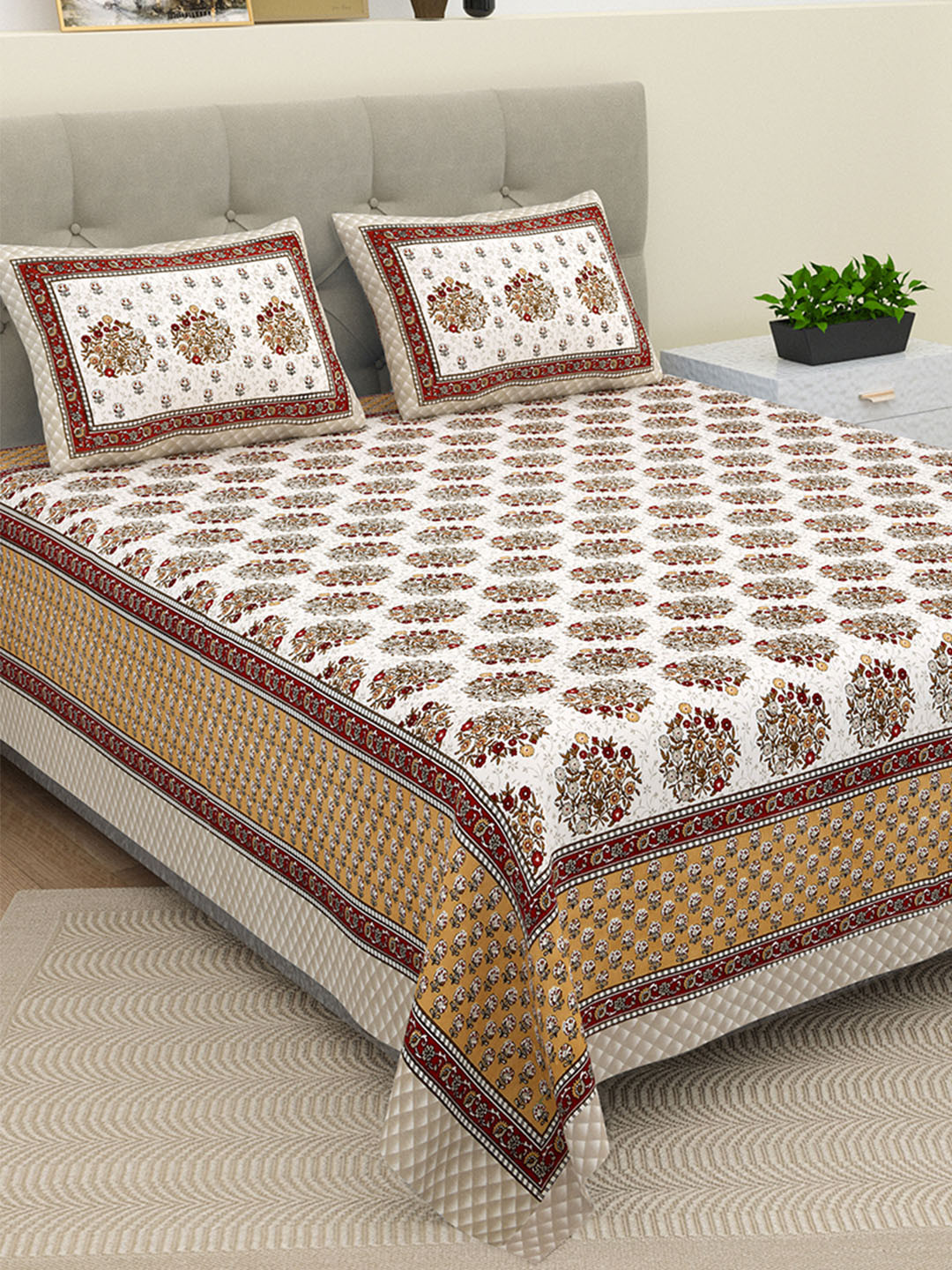 

BELLA CASA Brown & White Floral Cotton 180 TC King Bedsheet With 2 Pillow Covers