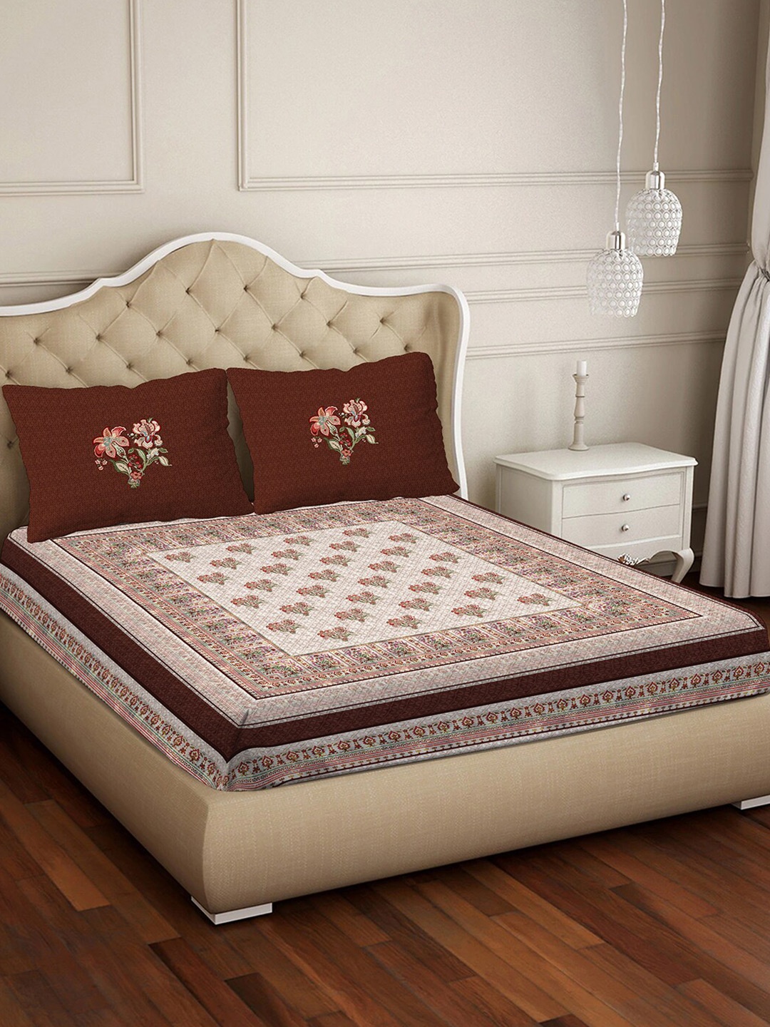 

BELLA CASA Impression Maroon & Beige Ethnic Cotton 400 TC King Bedsheet & 2 Pillow Covers