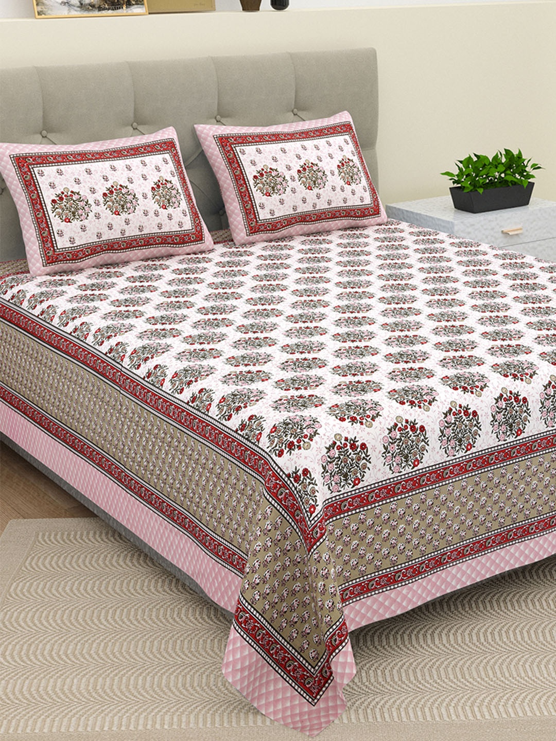 

BELLA CASA Ethnic White & Red Floral Cotton 180 TC King Bedsheet with 2 Pillow Covers