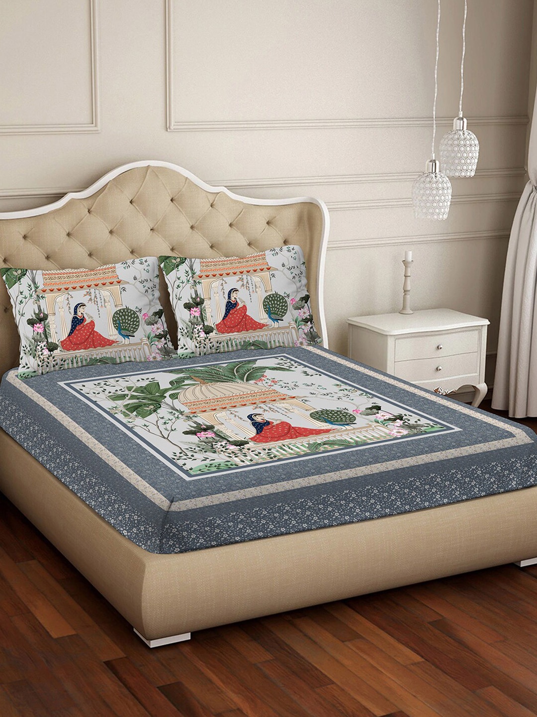 

BELLA CASA Avenue Blue Ethnic Motifs Cotton 300 TC King Bedsheet with 2 Pillow Covers